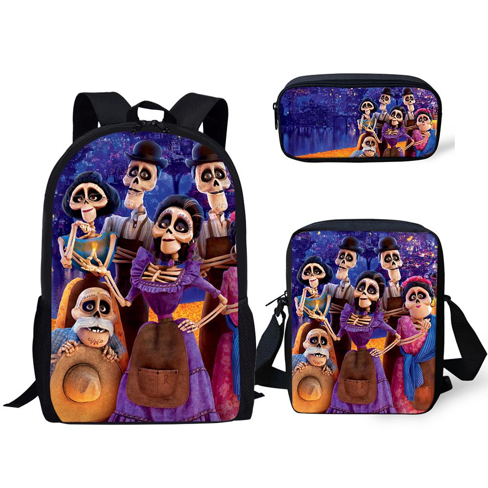 Popular COCO Music Skull Pattern 3D Print 3pcs/Set pupil School Bags Laptop Daypack Backpack Inclined shoulder bag Pencil Case