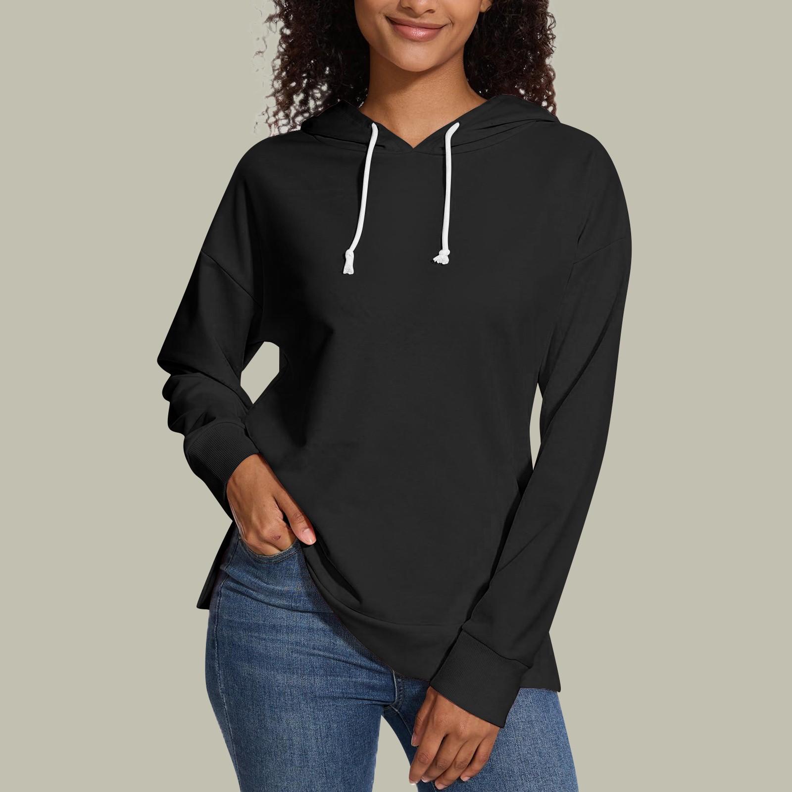 

Женская свободная толстовка с капюшоном, повседневная, с длинным рукавом, однотонная, с завязками, с боковыми разрезами, пуловер, топ S чёрный