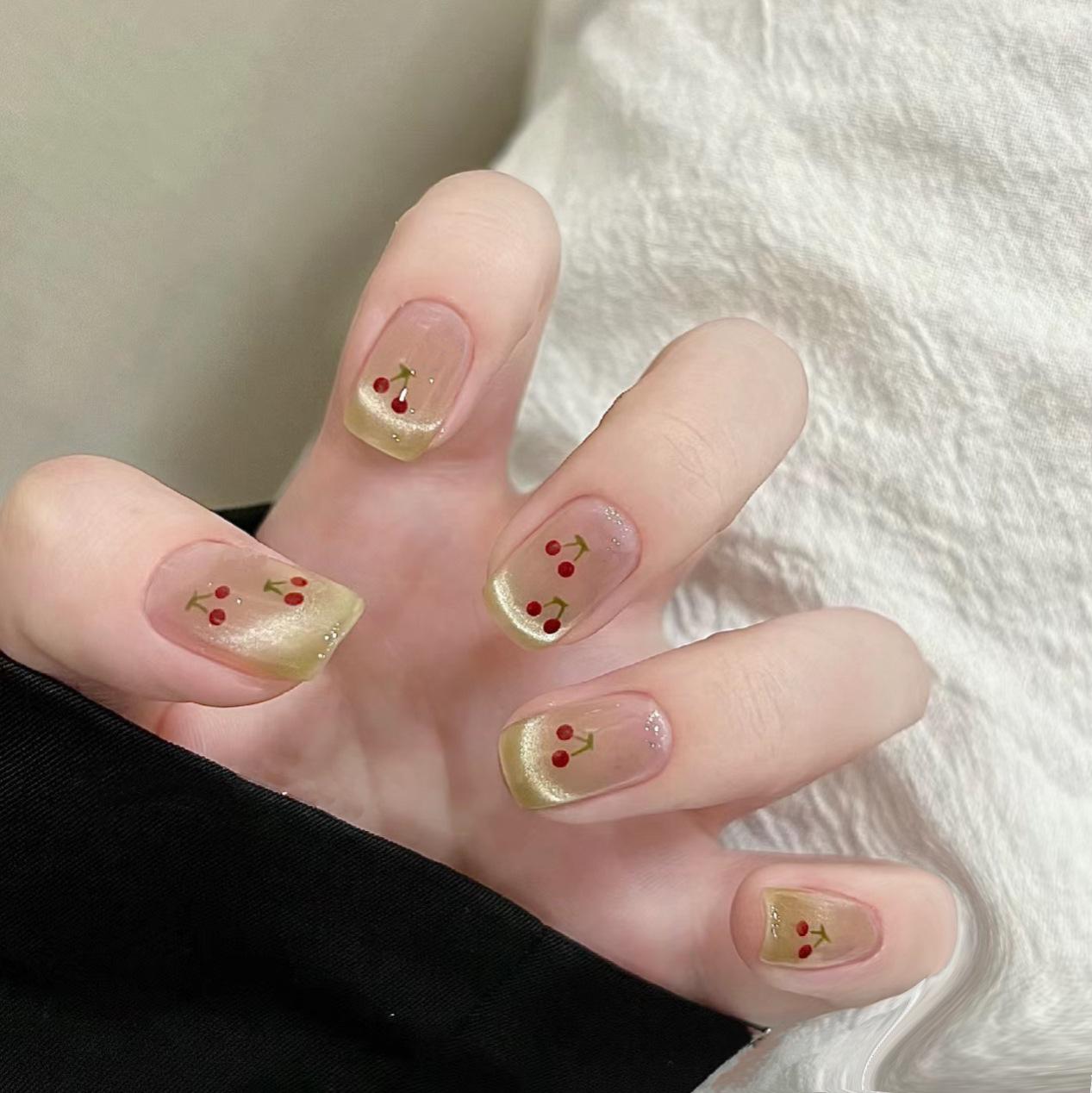 

Sweet Cherry Green Cat Eye Hand-Painted Short Nails - Fresh Spring/Summer Style
