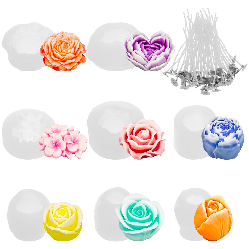 6/8/9 Pcs Flower Candle Mold Reusable Silicone Flower Candles Mold Scented Candle Making Molds with Candle Heart for Handmade