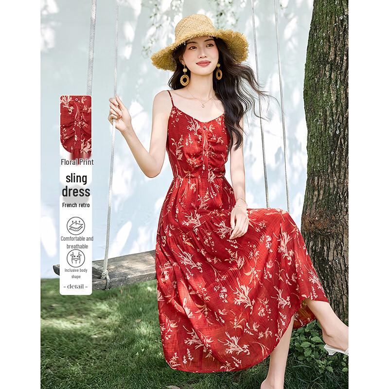 Summer Floral Print Spaghetti Strap Dress L