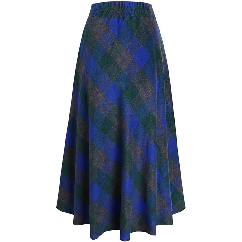 Women's Retro Plaid Maxi Skirt, High-Waisted, Fashionable Casual A-Line Pleated Plaid Floor-Length Skirt