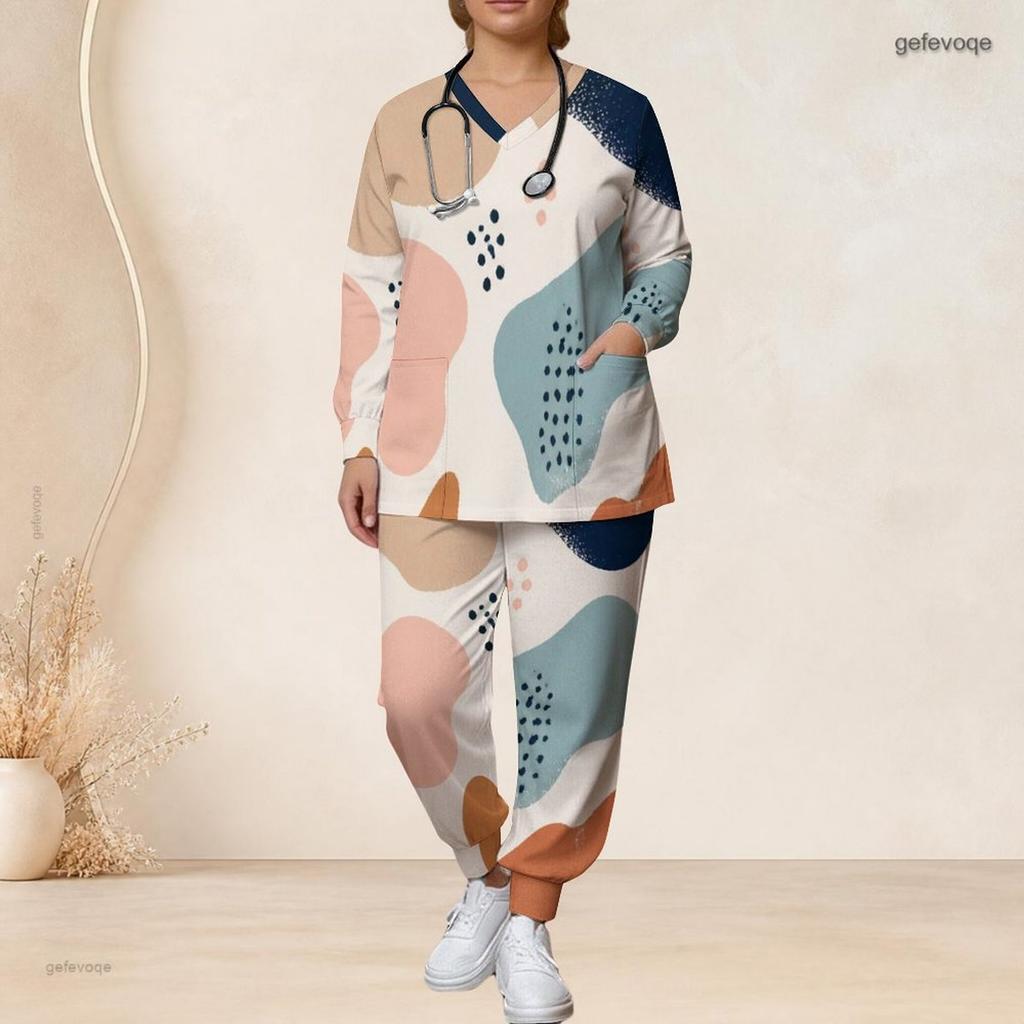 Women Plus Size Printed Nurse Scrub Set V Neck Long Sleeve Pocket Top And Long Pants