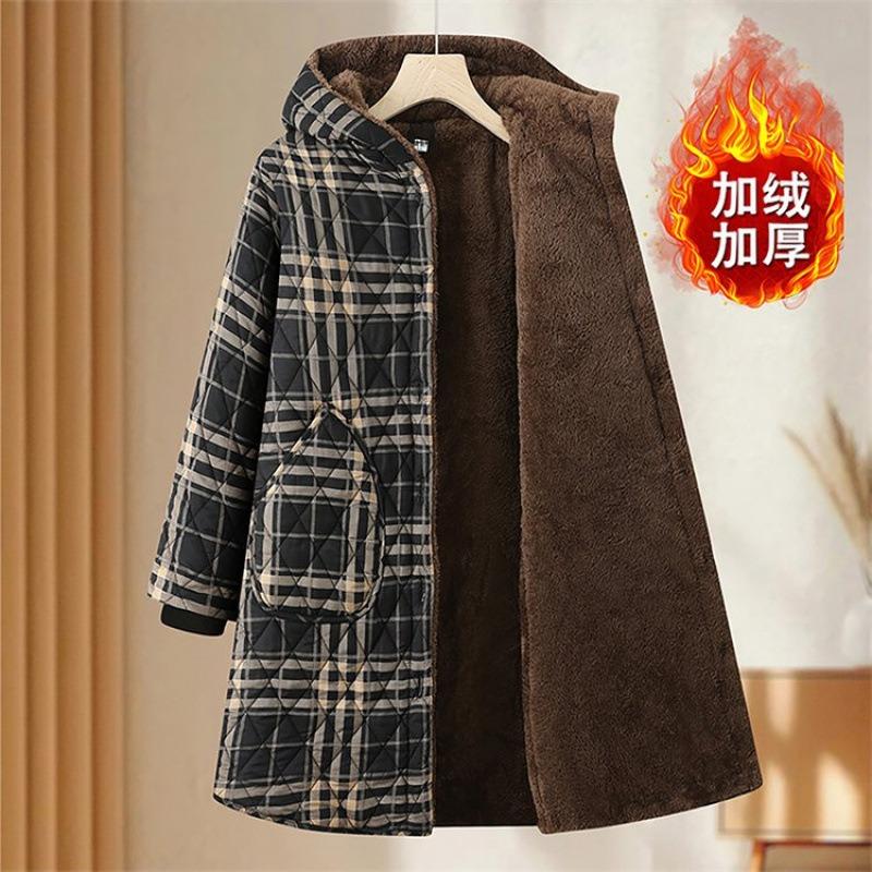 

Winter new retro plaid medium and long velvet thickened hooded cotton-padded coat women s large size warm cotton-padded jacket 5XL [Recommended 150-80 kg]