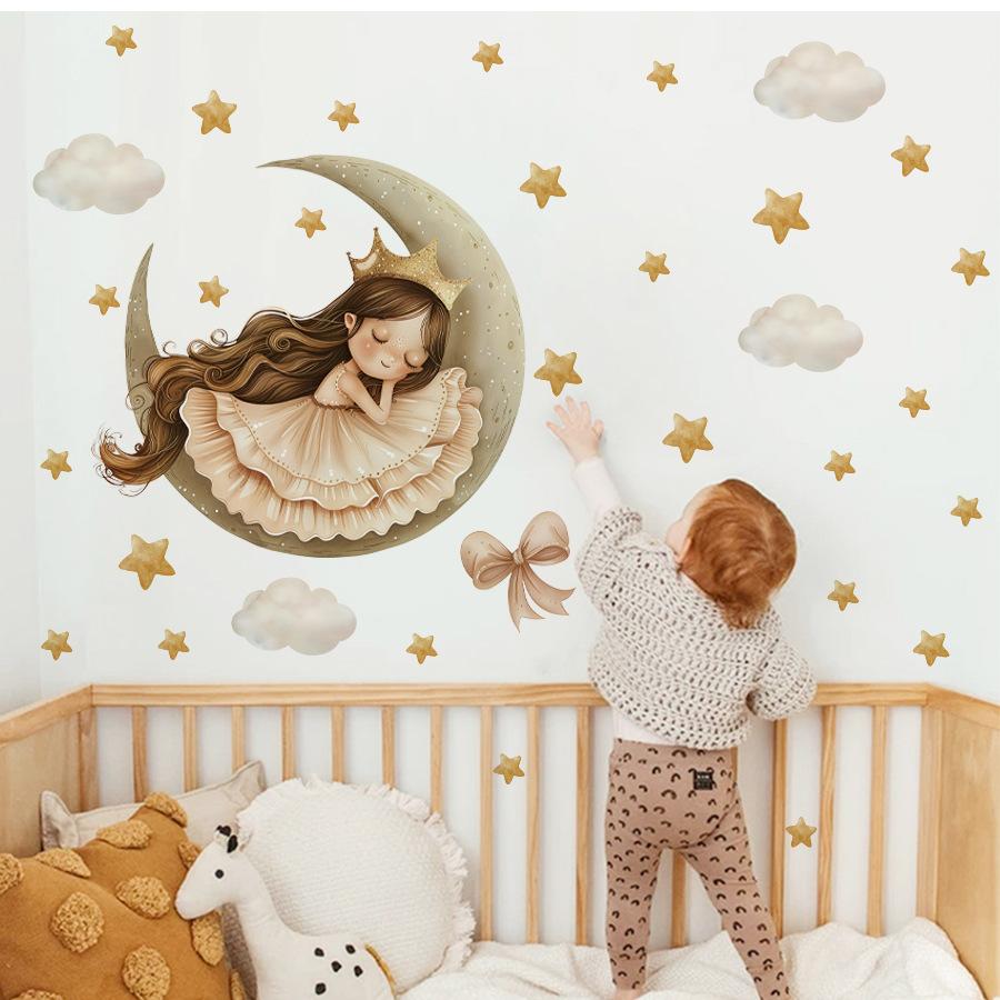 Fairy Tale Princess Crescent Moon Sleep Wall Sticker for Girls Nursery Kids Room with Stars Clouds