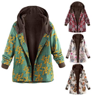 Ladies Long Sleeve Zipper Hooded Thick Composite Plush Vintage Flower Print Plus Size Hooded Jacket