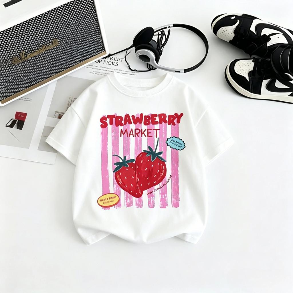 2026 Hot Sale Kids Short Sleeve T Shirt With Strawberry Tomato And Lemon Prints Loose Thin Style Soft Fabric Casual Tees Kid Top