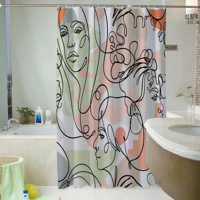 Line Art Shower Curtain for Bathroom Accessories Folding Partition Curtains Bath Bedrooms Houses Rooms Quarto Waterproof FaXT6