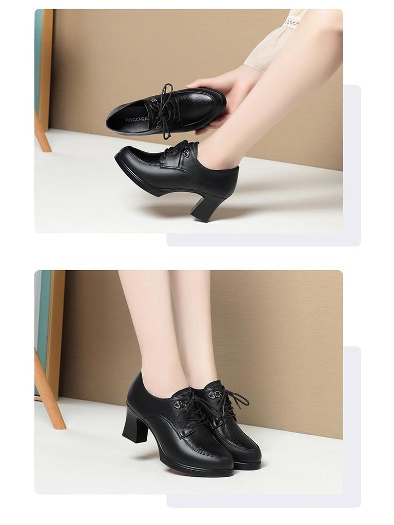 2024 Damskie Skórzane Sznurowane Buty na Wysokim Obcasie - Eleganckie, Głęboki Dekolt, na Wiosnę i Jesień, Idealne dla Kobiet w Średnim Wieku
