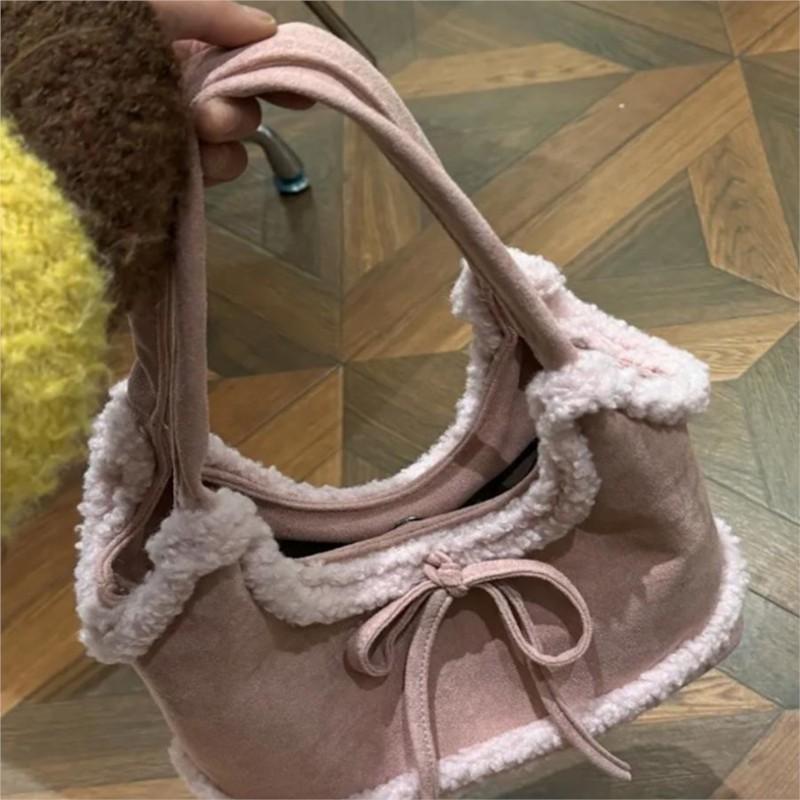 Retro Faux Lambswool Bow Tote Bag Women Autumn Winter New Large Capacity Shoulder Bag Ladies Sweet Cute Solid Color Underarm Bag