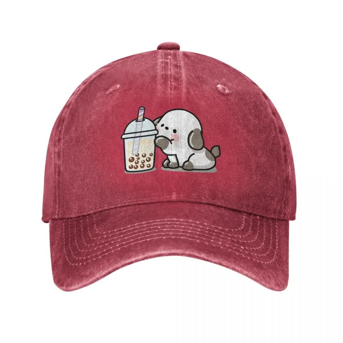 Little Puppy Loves Boba Tea Baseball Cap fun hats Anime Trucker Hat Sun Hat For Children Unisexs Tennis Womens