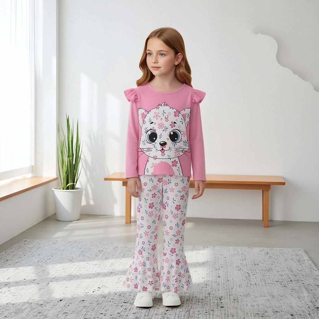 Kids Girls 2 Piece Outfit Spring Fall Long Sleeve Cartoon Cat Pullover Top Floral Flared Trousers Fashion Casual Children Clothing Set