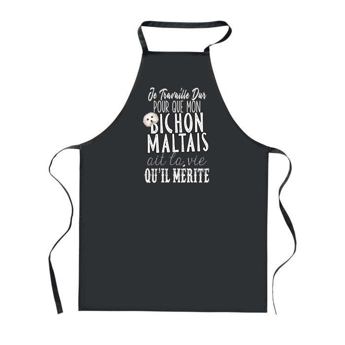 Tablier de cuisine - PLANETEE - Bichon Maltais - Noir - 90x60 cm - Polyester résistant, impression France