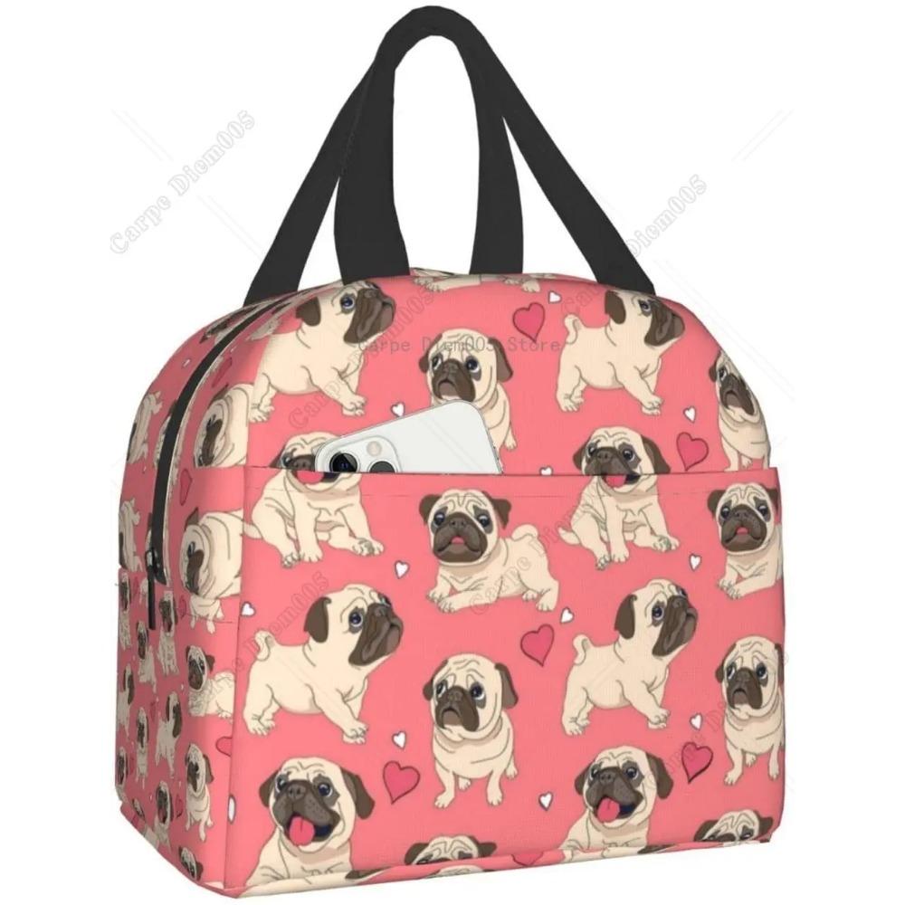 Cute Puppy Pug Dog Lunch Bag Box for Girls Women School Insulated Lunch Bag Reusable Portable Waterproof Cooler Travel Picnic