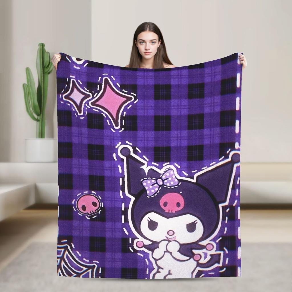 Kuromi Halloween Plaid Blankets Fleece Summer Portable Super Warm Throw Blanket for Home Bedroom Rug Piece