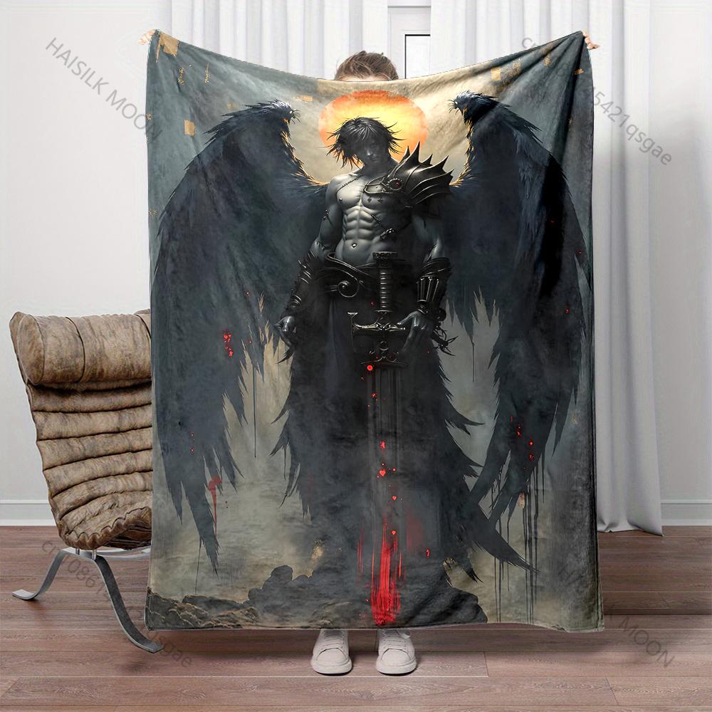 Dark-winged warrior with blood sword Print Blanket Warm Soft Fluffy Kids and Adult Sofa Bed Throw Blanket Travel Camping RV