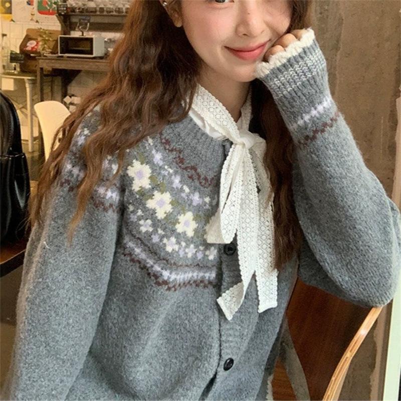 Fair Island Retro Jacquard Knitted Cardigan for Women, Loose and Lazy In Autumn and Winter, Soft and Waxy Atmosphere, Wear a Sweater Jacket