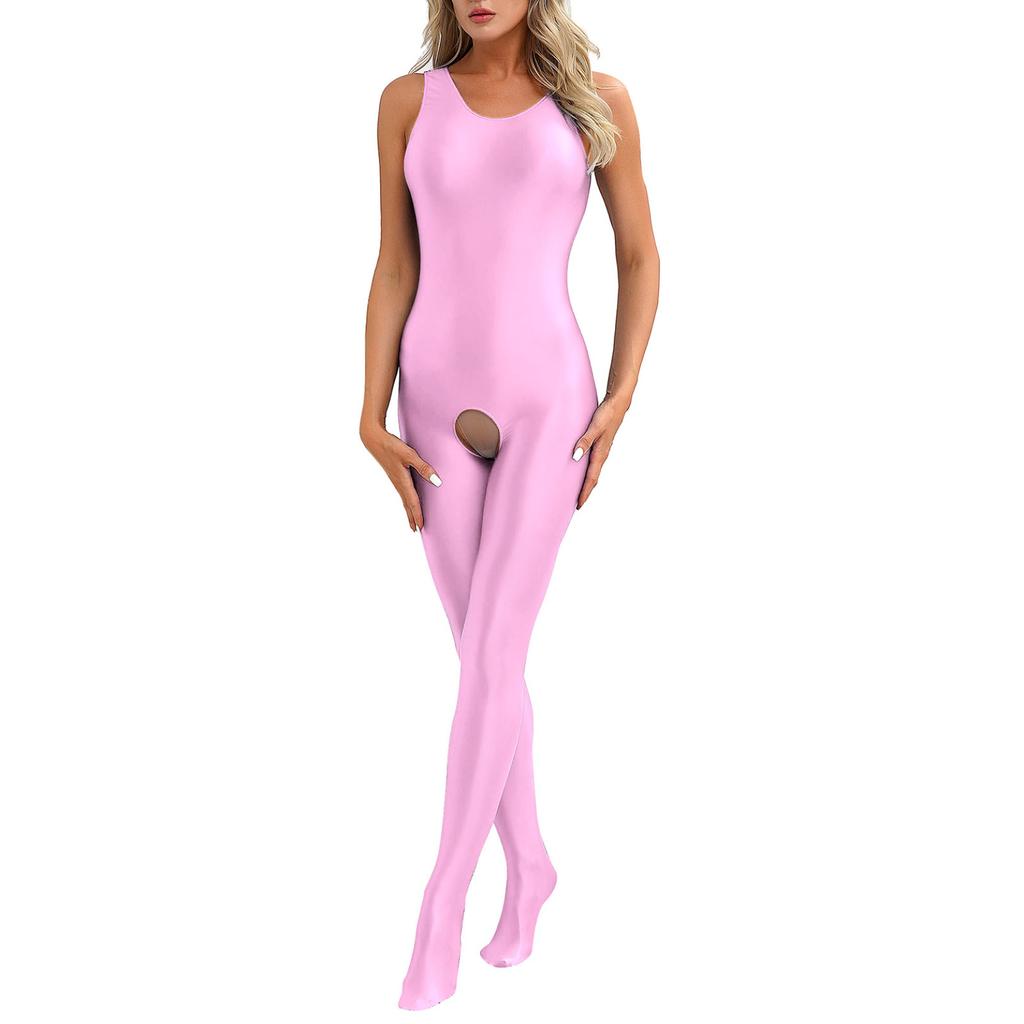 Womens Solid Color Full Body Bodysuit U Neck Sleeveless Footed Hole Jumpsuits Glossy Stretchy Unitard Bodysuits