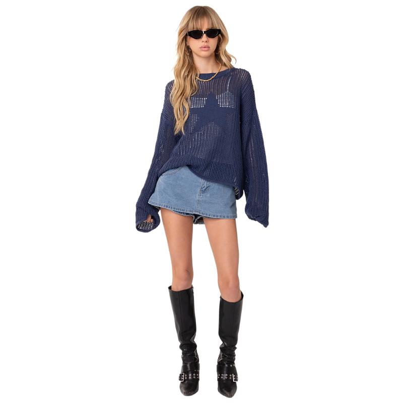 IHUASU Fashion Women's Sexy Hollow Knit Cowl Design Niche Loose Pullover Sweater