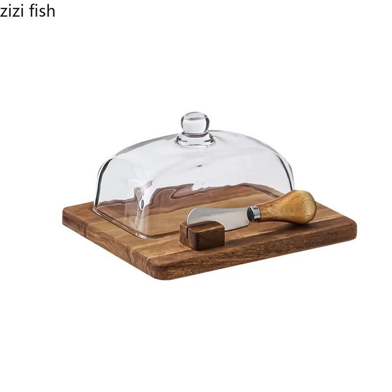 Wood Butter Box Glass Cover with Knife Cheese Plate Butter Plates Cake Rack Dessert Plate Pastry Plates Dim Sum Dish Fruit Bowl