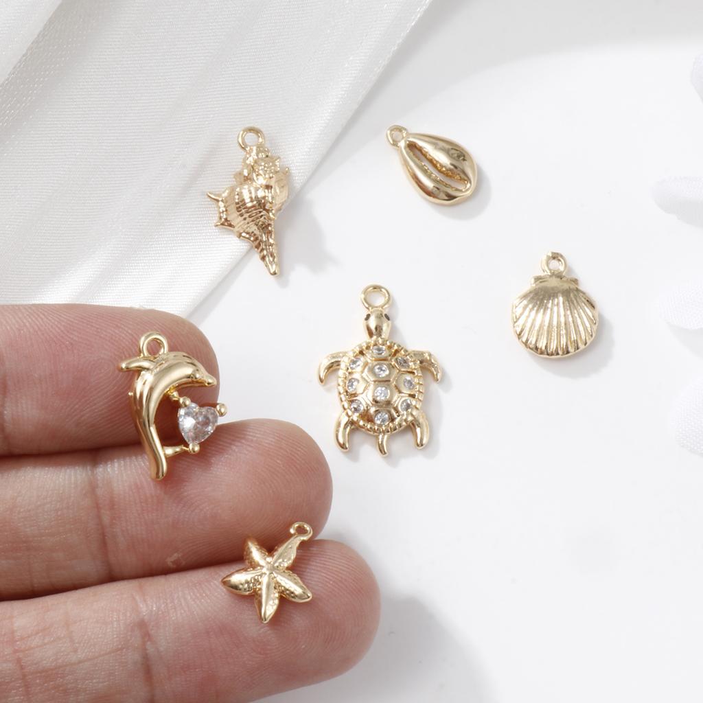5pcs/set Ocean Shell 3d Brass Charms 18k Gold Plated With Transparent Zircon Marine Brass Pendant Summer Necklace Findings