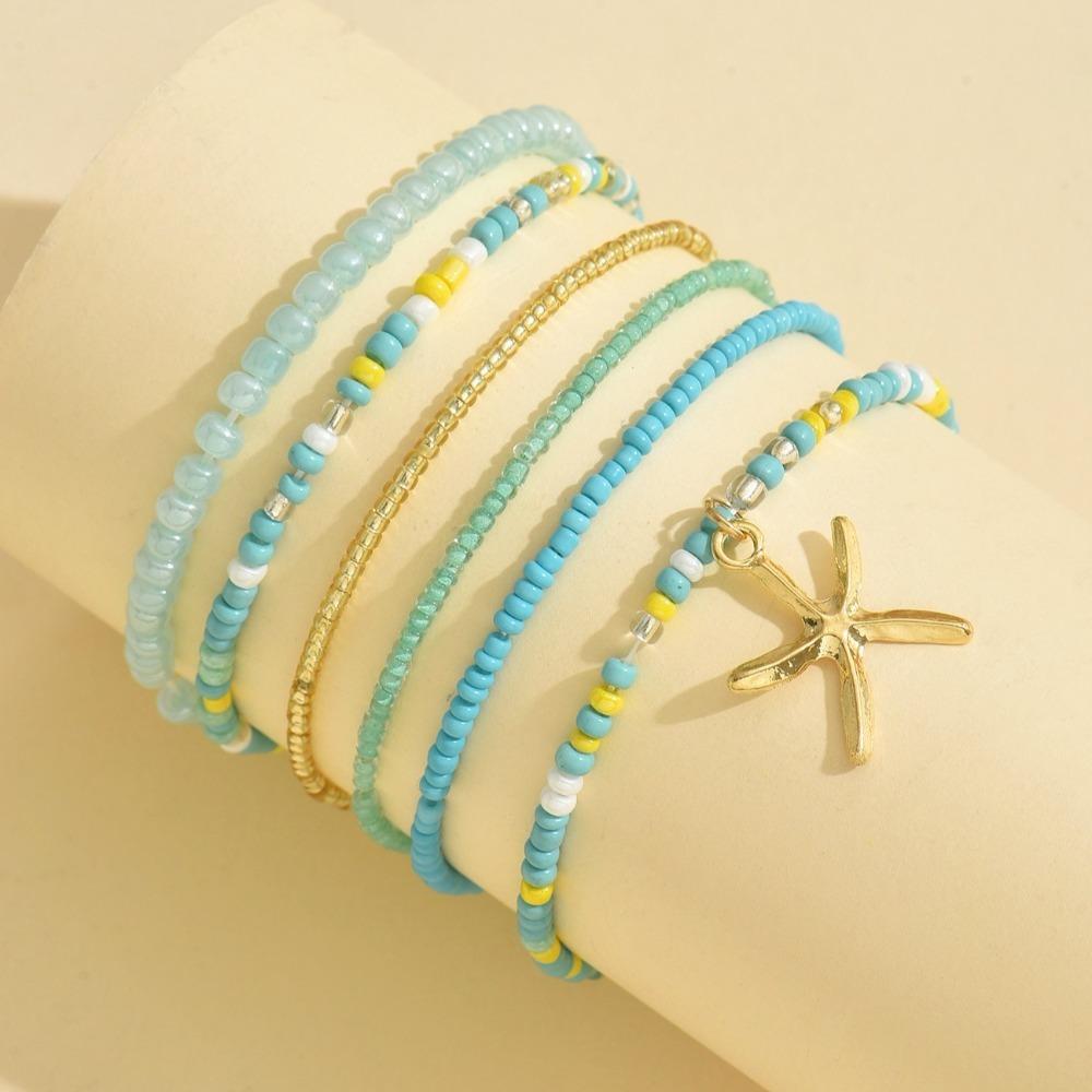 6pcs Stretch Holiday Starfish Multi-layer Anklet Bohemian Beach Jewelry