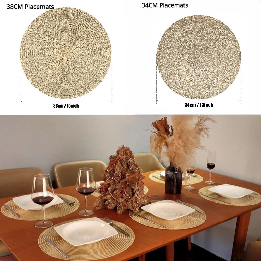 Golden Sliver Glitter Round Braided Placemats Set of 6 34/38CM Circle Place Mats Washable Table Mats for Kitchen Party Wedding