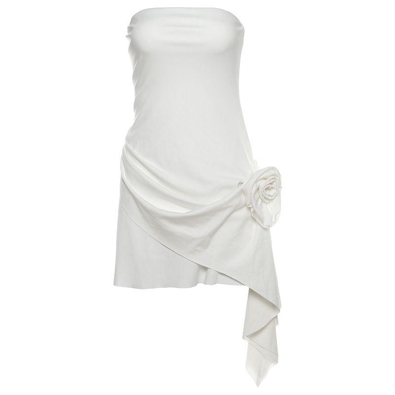 

Flower Backless Strapless Dress Flower Decoration Pure Color Backless Tube Top Dress White S