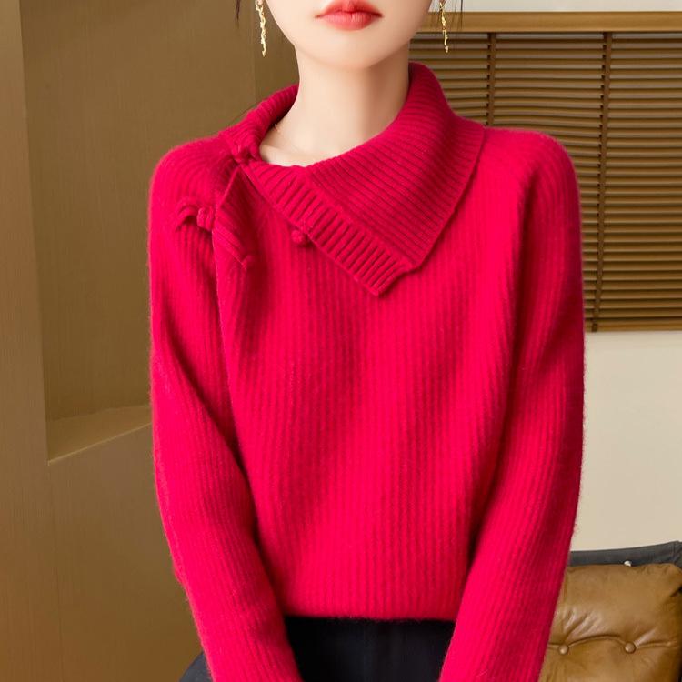 Women's Retro Chinese Lapel Wool Sweater with Frog Buttons