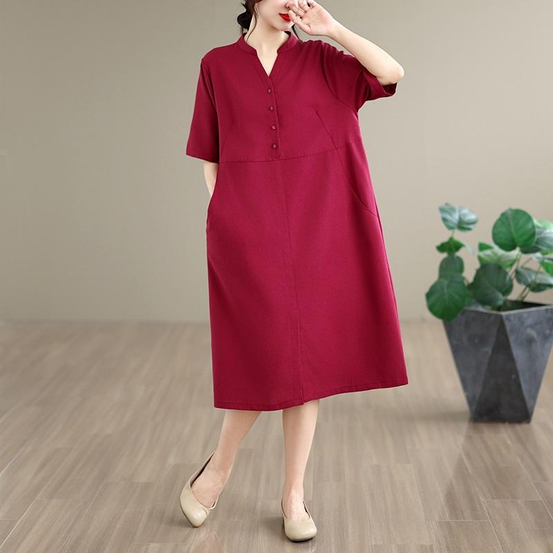 

Short sleeve Plus size vintage new in dresses for women casual loose long summer dress XXL вина червоного кольору