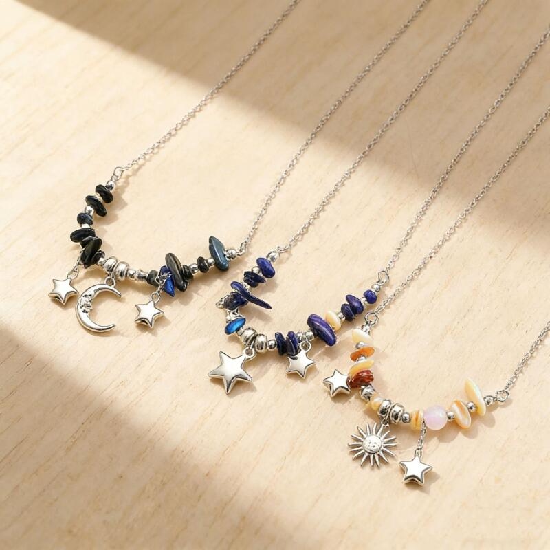 Boho Multicolored Stones Beaded Necklaces for Women Ladies Vintage Metal Star Moon Sun Pendant Necklaces Vacation Jewelry Gifts