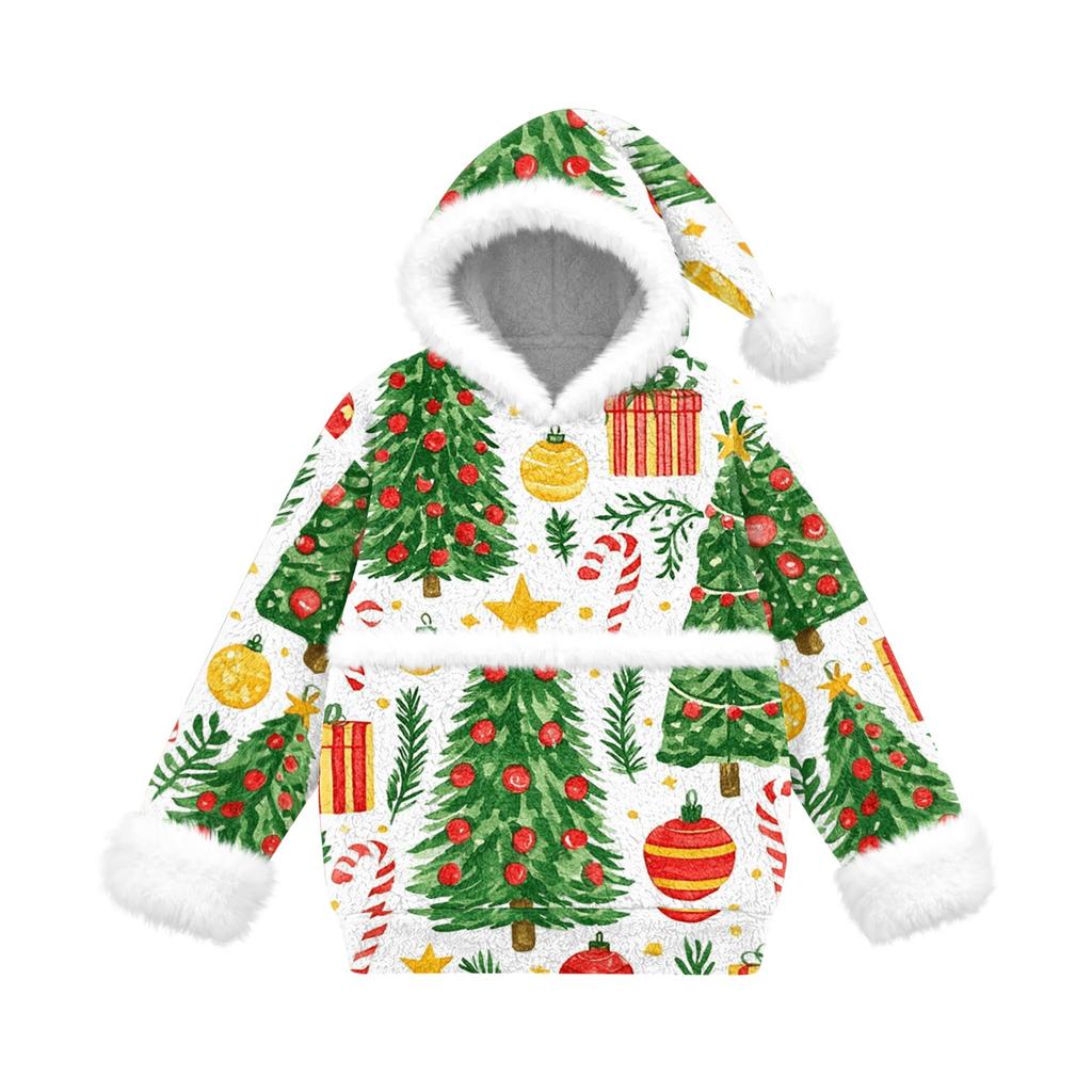 Children's Casual Christmas Tree Print Hooded Top with Large Pet Pocket for Everyday Wear