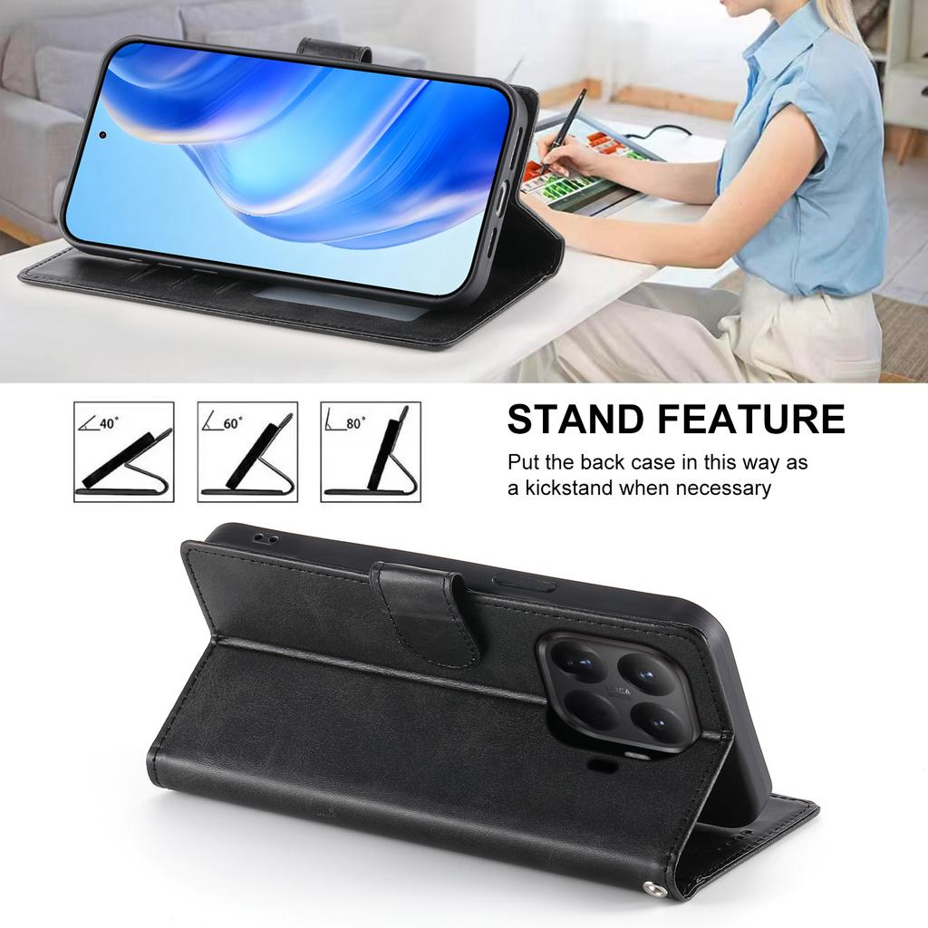 For Xiaomi 15T Pro Case Stand Wallet Calf Texture PU Leather Flip Phone Cover with Wrist Strap