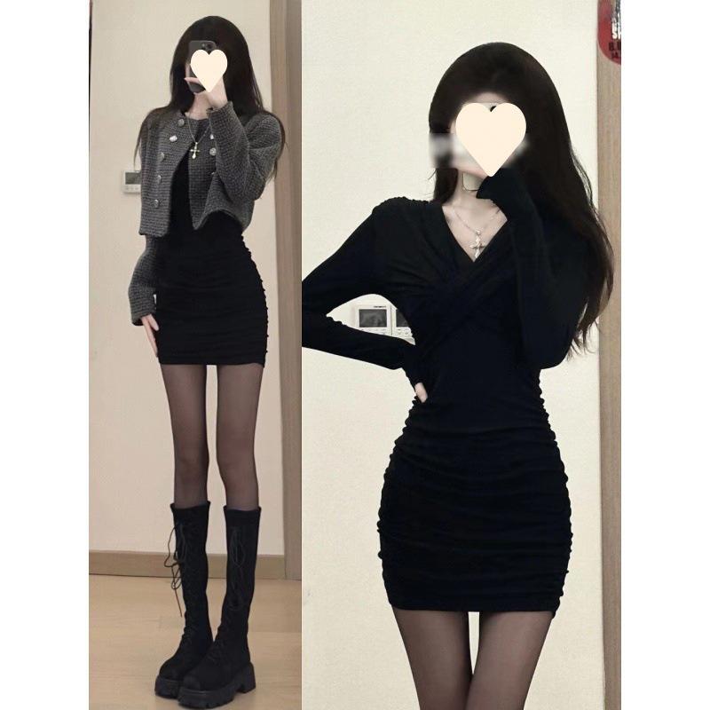 

2025 Черное сексуальное платье-бюстье с пальто для женщин - осень/зима, юбка до бедра Large