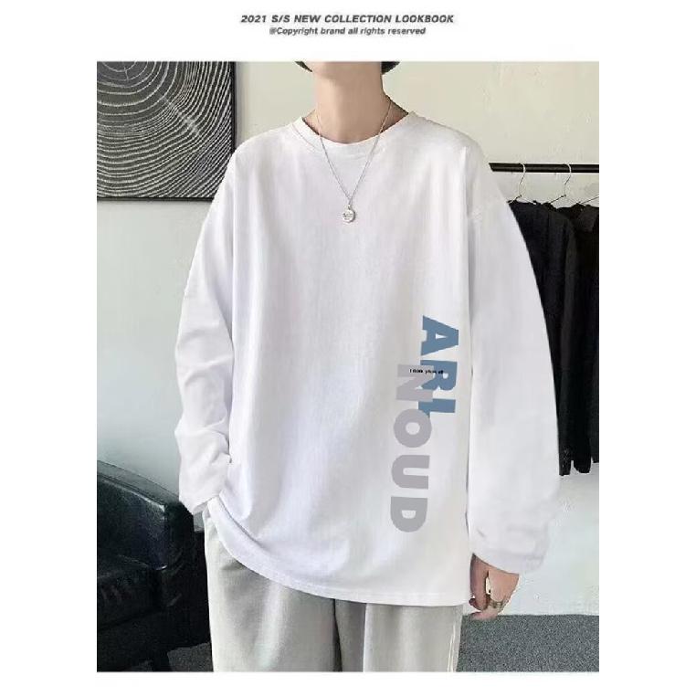 2024 Men's Long-Sleeved T-shirt Autumn Undershirt Long Sleeve Cotton Autumn Hong Kong Style Printing Loose Trendy Top