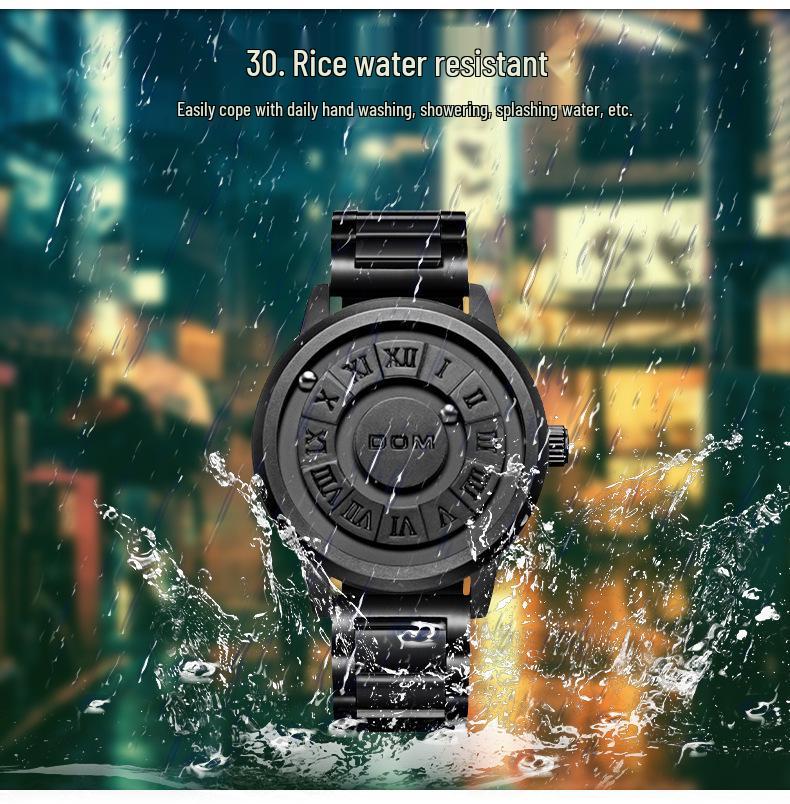 DOM Black Technology Men's Waterproof Quartz Watch with Roman Numeral Dial and Steel Ball Magnetic Levitation.