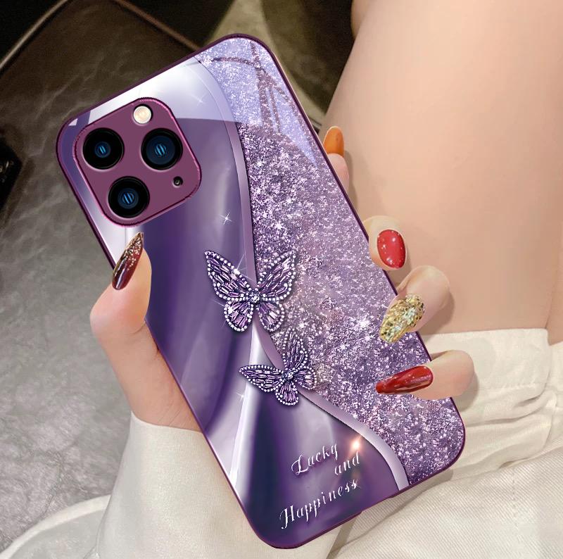 Goldener Schmetterling für iPhone 16 Pro Max 15 Pro 14 13 12 Mini 11 XS Max XR 7 8 Plus SE 2022 Gehärtetes Glas Handyhülle