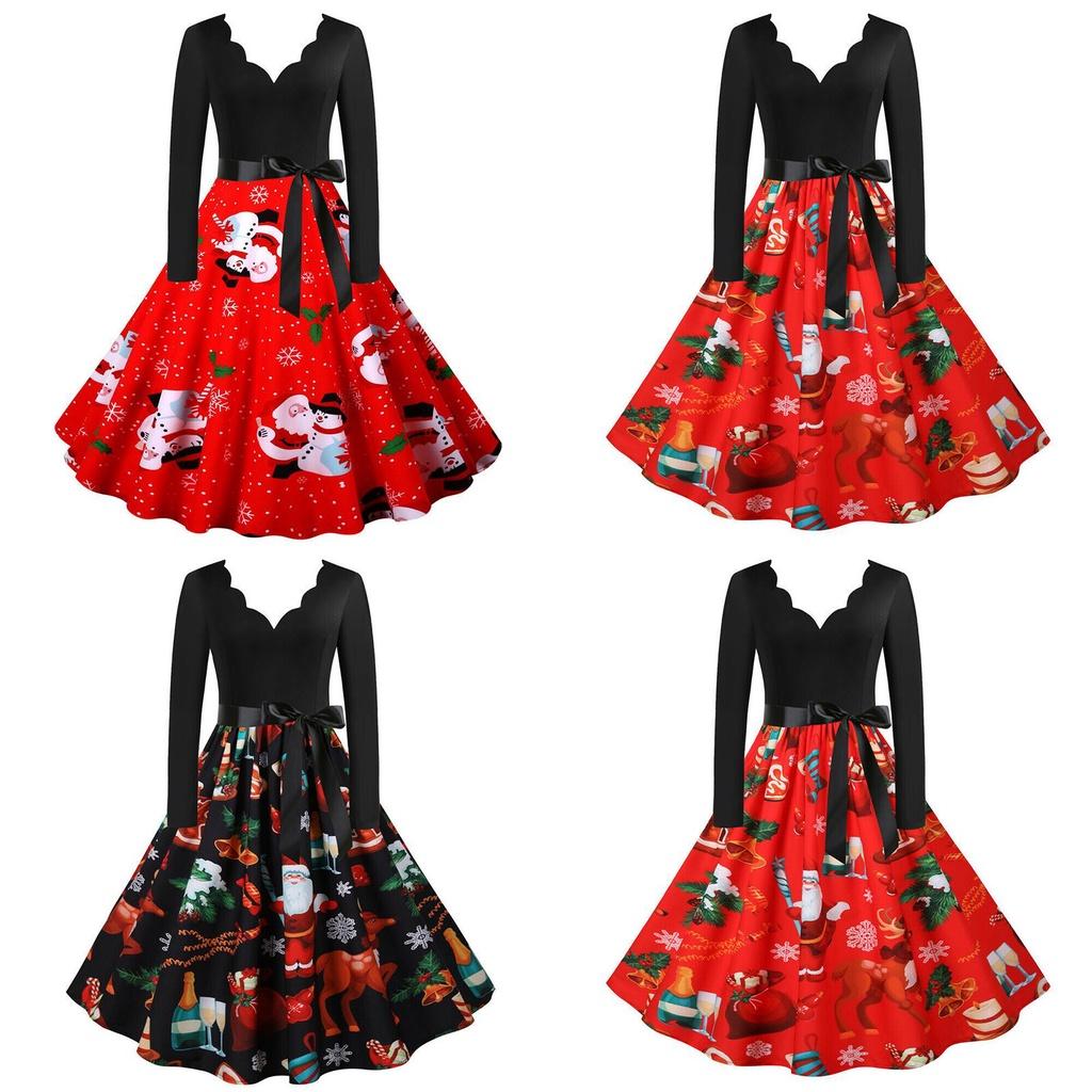 Elegant Santa Claus Print V Neck Christmas Dress For Women In Festive Red And Black