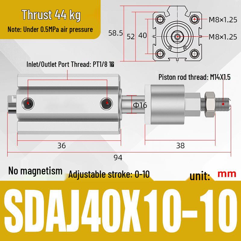 Adjustable Stroke Pneumatic Thin Cylinder - Piston Rod Sizes: 16/20/25/32/40/63