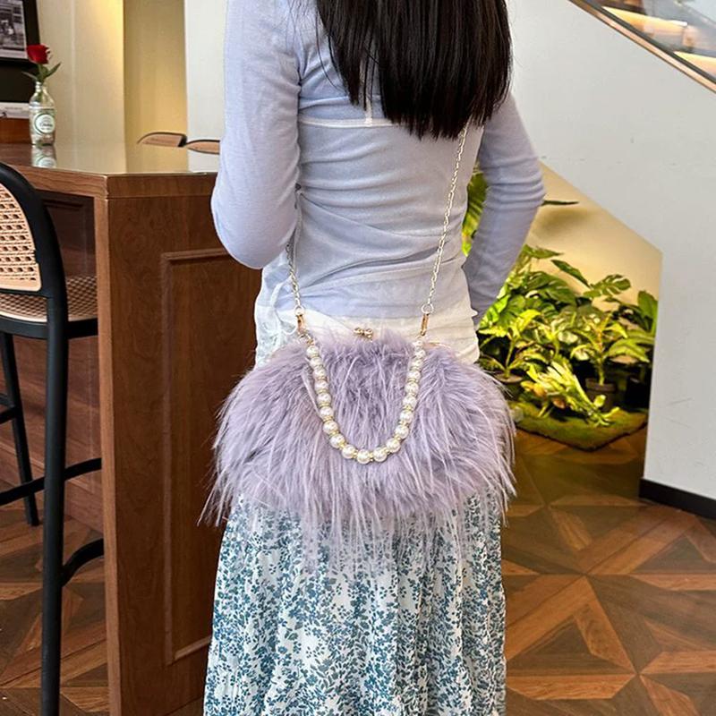Furry Crossbody Bag with Pearl Handle Fashion Chain Plush Shoulder Bags for Women Soft Faux Fur Evening Party Purse