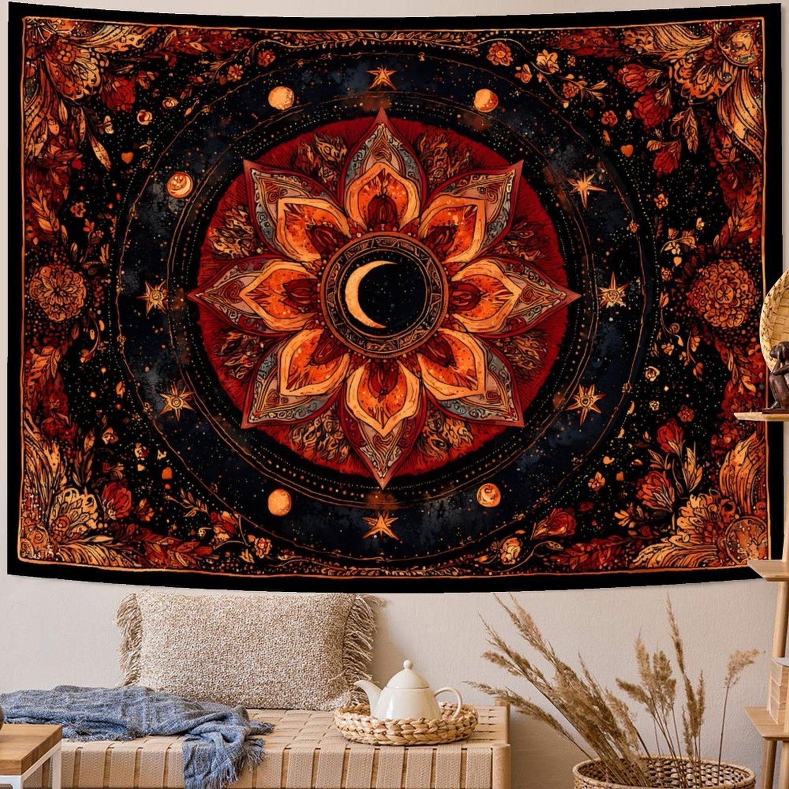 Black Orange Bohemian Tapestry, Sun Moon Stars Tarot Print Wall Hanging Home Decor For Bedroom And Living Room, Dorm 100X70CM