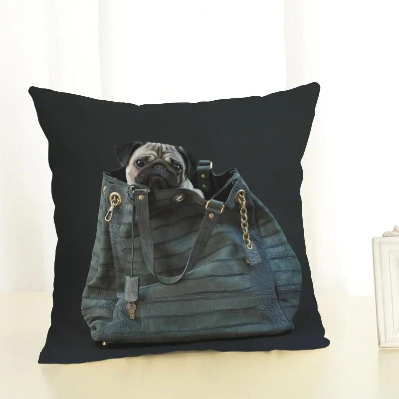 Funny Cartoon Pug Dog Printed Cushion Cover Linen Pug Dog Food Decorative Pillowcase Sofa Party Home Decor Sofa 45X45Cm
