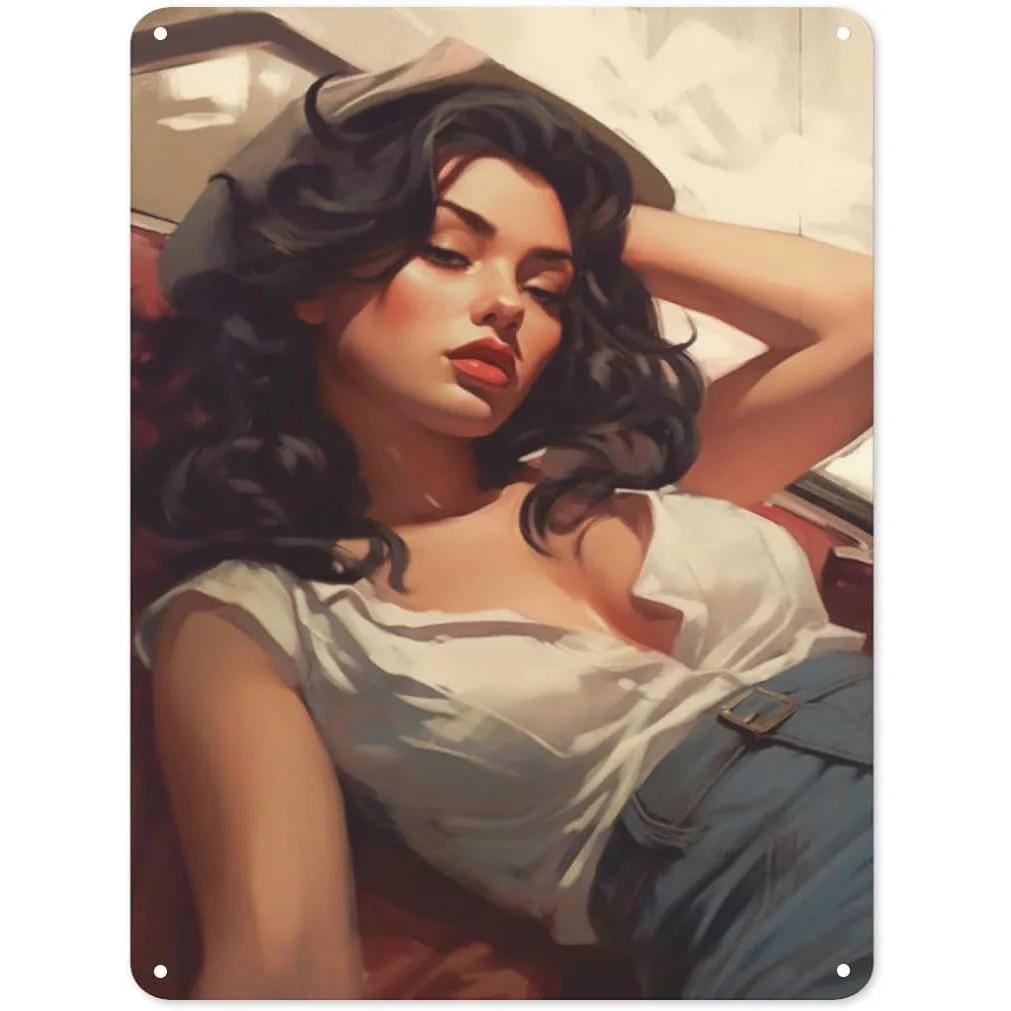 Metall Blechschilder Pinup Auto Mädchen Wanddekoration Plakette Vintage Kunst Poster Eisenmalerei für Man Cave Zuhause Café Garage Club Bar