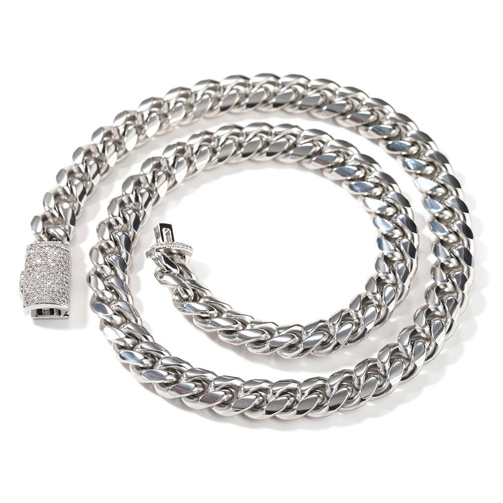 304 Stainless Steel Cuban Link Chain 5A Iced Out Diamond Box Clasp 10mm 12mm Unisex Miami Cuban Fashion Chain Pendant Necklaces 7inch(17.78cm)&8mm width серебряный