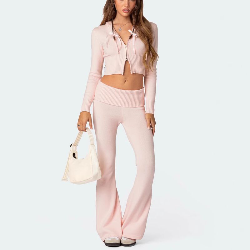 

Knitted Suit European and American Fashion Knitting Suit Blazer Zip-up hood Top Trousers Two-piece Set Women Pink L