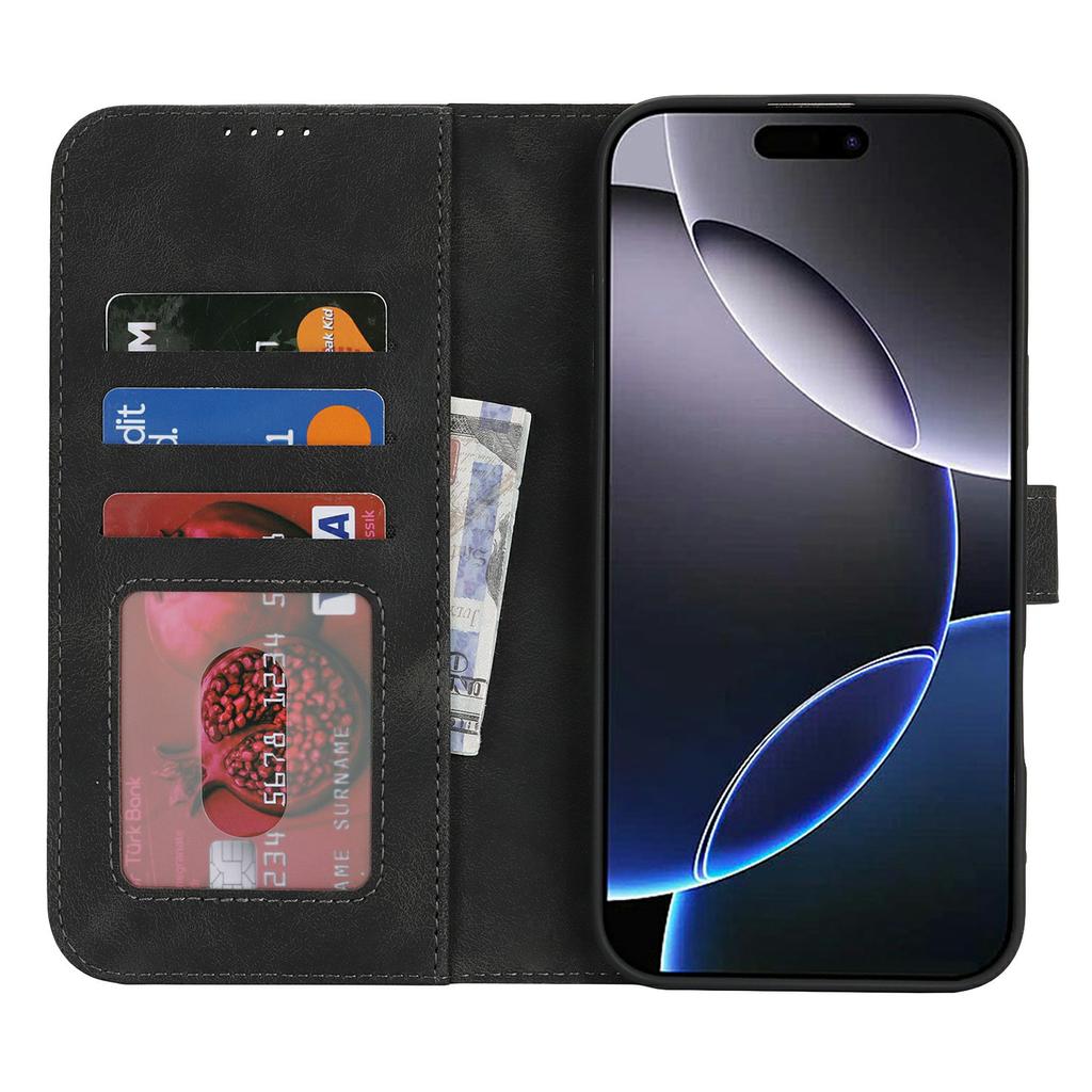 For iPhone 16 Pro Wallet Case Double Folded Edge Skin Touch PU Leather Flip Phone Cover