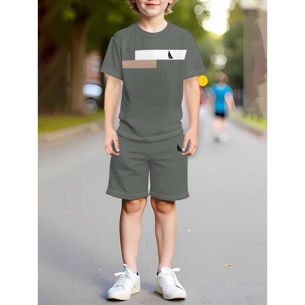 Boys Clothes Simple Striped 3D Printed Short Sleeve T-Shirt Sets Loose Casual Summer Outdoor Quick Drying Children's Clothing