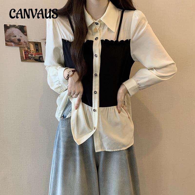 

Весенне-осенняя женская рубашка больших размеров, блузка с длинными рукавами и блузкой на бретельках L синий