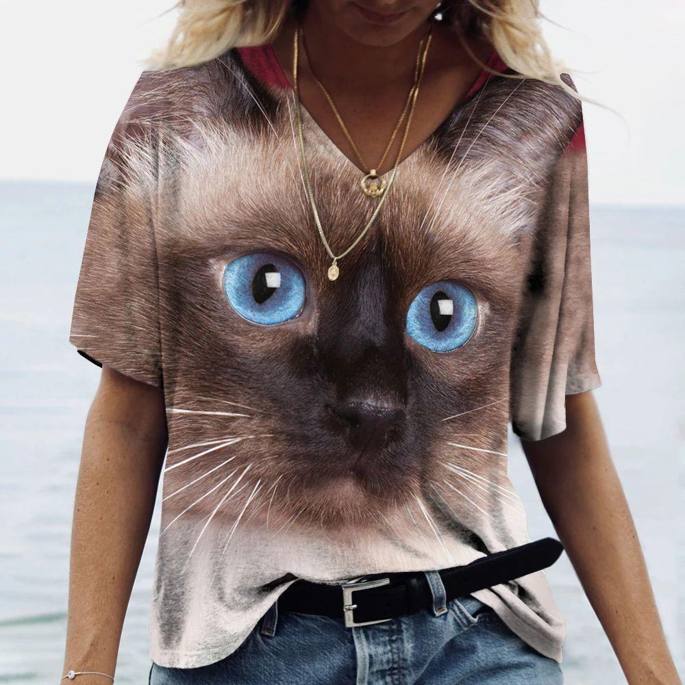 Summer V-neck 3D Cute Animal Cat Printed Top Fashionable Casual Short Sleeved Women's T-shirts