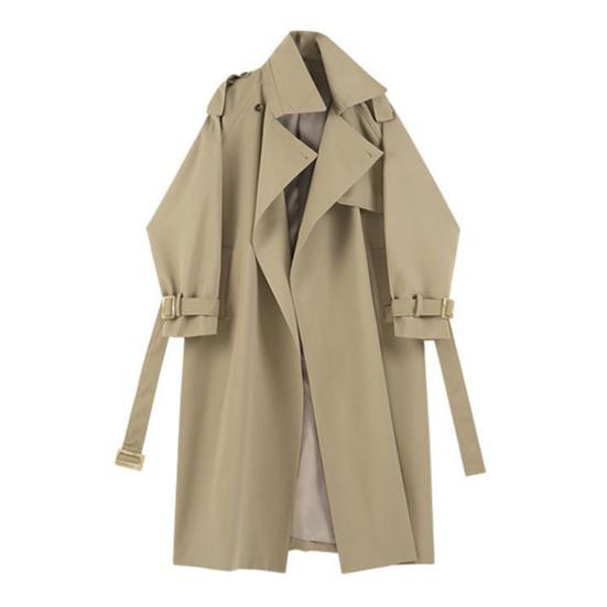 Women Windbreaker Turn-down Collar Loose Pure Color Coat Long Sleeves Belt